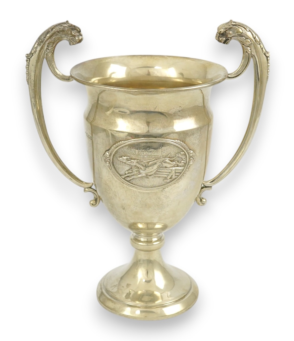 A George V silver two handled presentation greyhound trophy cup, 'The Purley Cup', by Blackmore & Fletcher Ltd